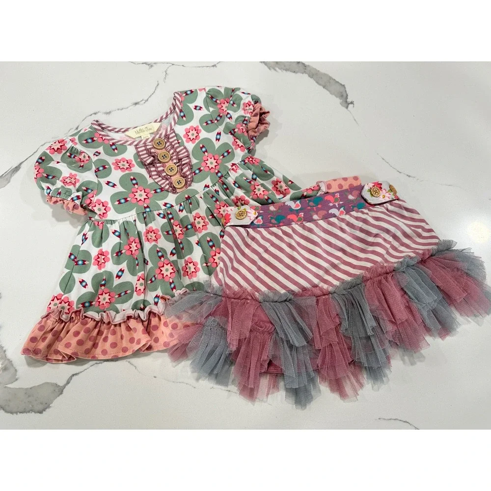 Matilda Jane Girls Size 2 Dress‎ Floral Ruffle Pink Striped Tulle Skirt